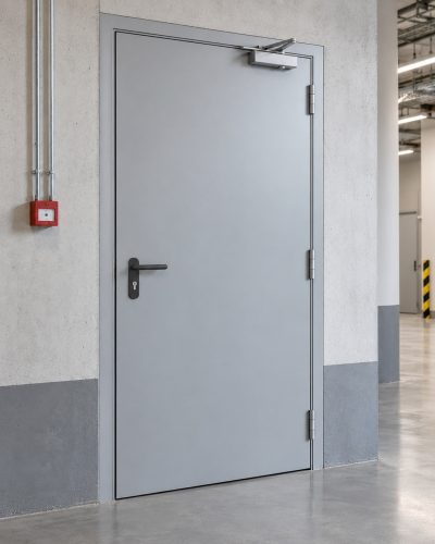 Ușă metalică tehnică într-un spațiu industrial, imagine de prezentare